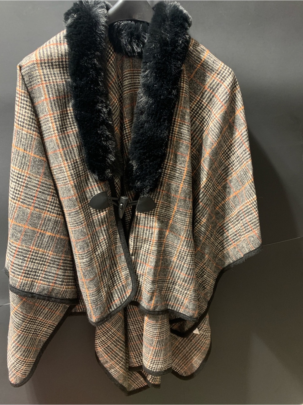 Charter Club Plaid Wrap Cape with Black Faux Fur Collar